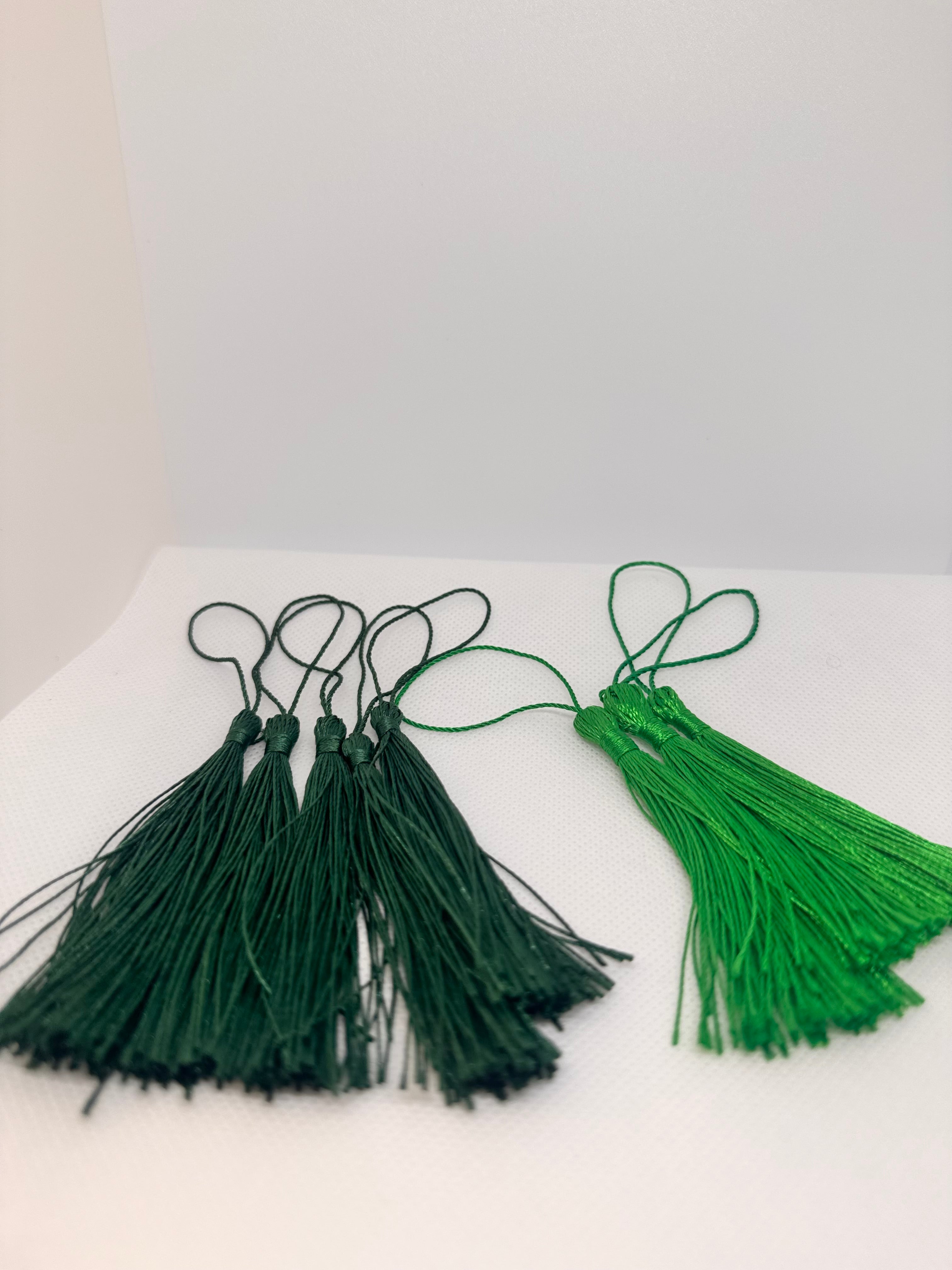 Tassels 8 Pcs 5 Inch Silky Handmade Soft Craft Mini Tassels with Loops for Jewelry Making, DIY Projects, Bookmarks and uses. 5 dark green 3 light green