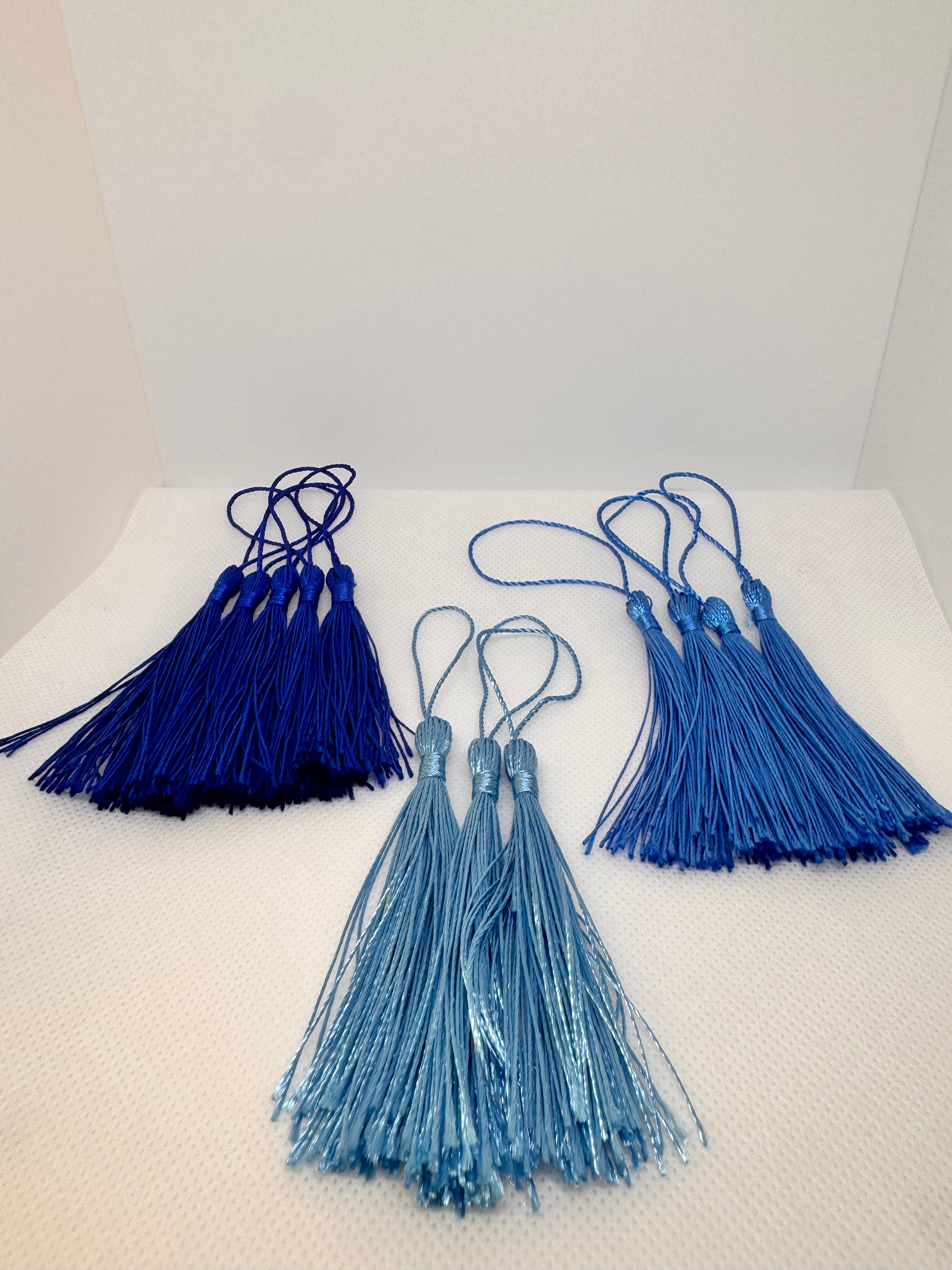 Tassels 12Pcs 5 Inch Silky Handmade Soft Craft Mini Tassels with Loops for Jewelry Making, DIY Projects, Bookmarks. 5 dark blue, 4 blue, 3 sky / light blue