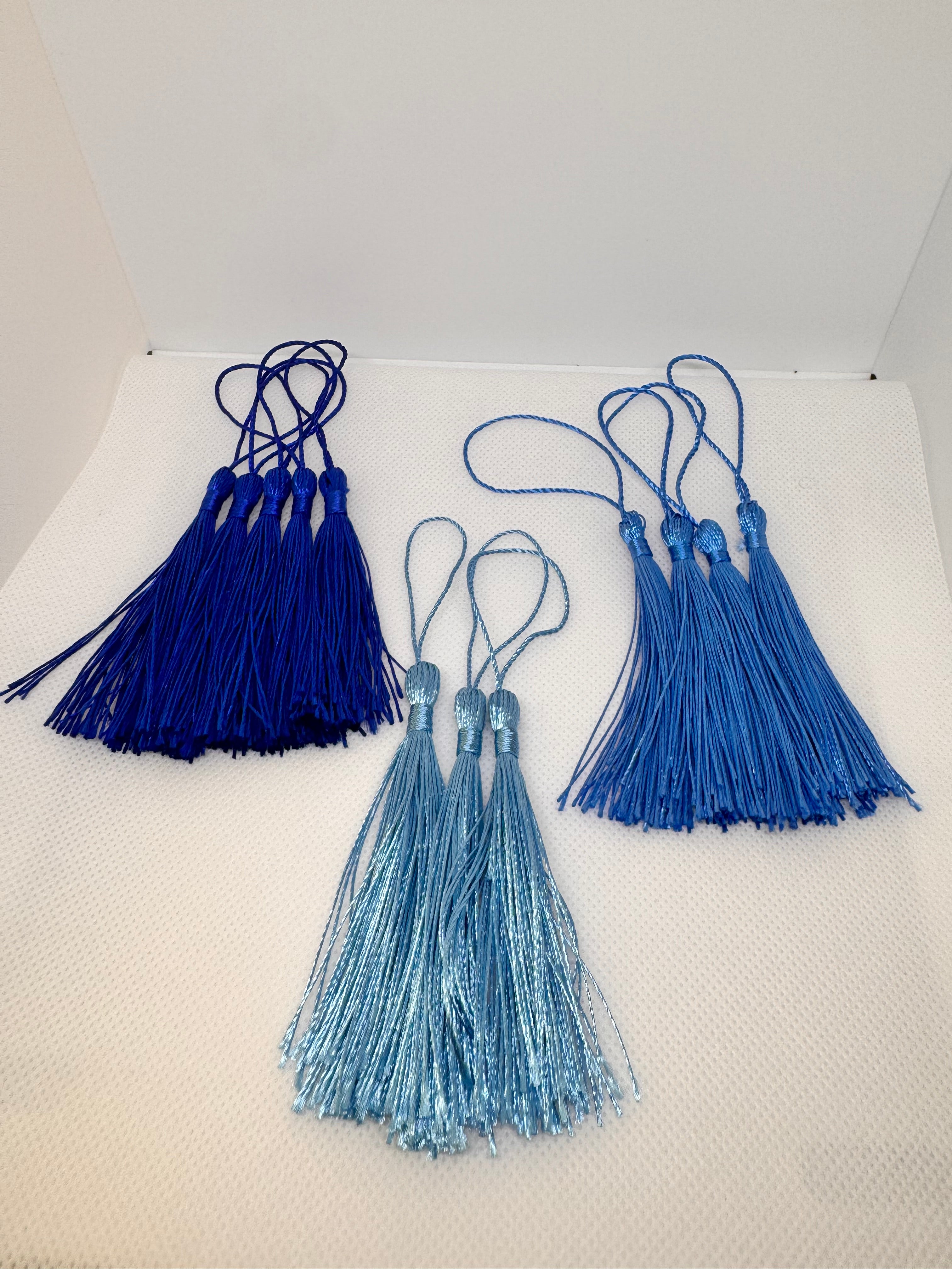 Tassels 12Pcs 5 Inch Silky Handmade Soft Craft Mini Tassels with Loops for Jewelry Making, DIY Projects, Bookmarks. 5 dark blue, 4 blue, 3 sky / light blue