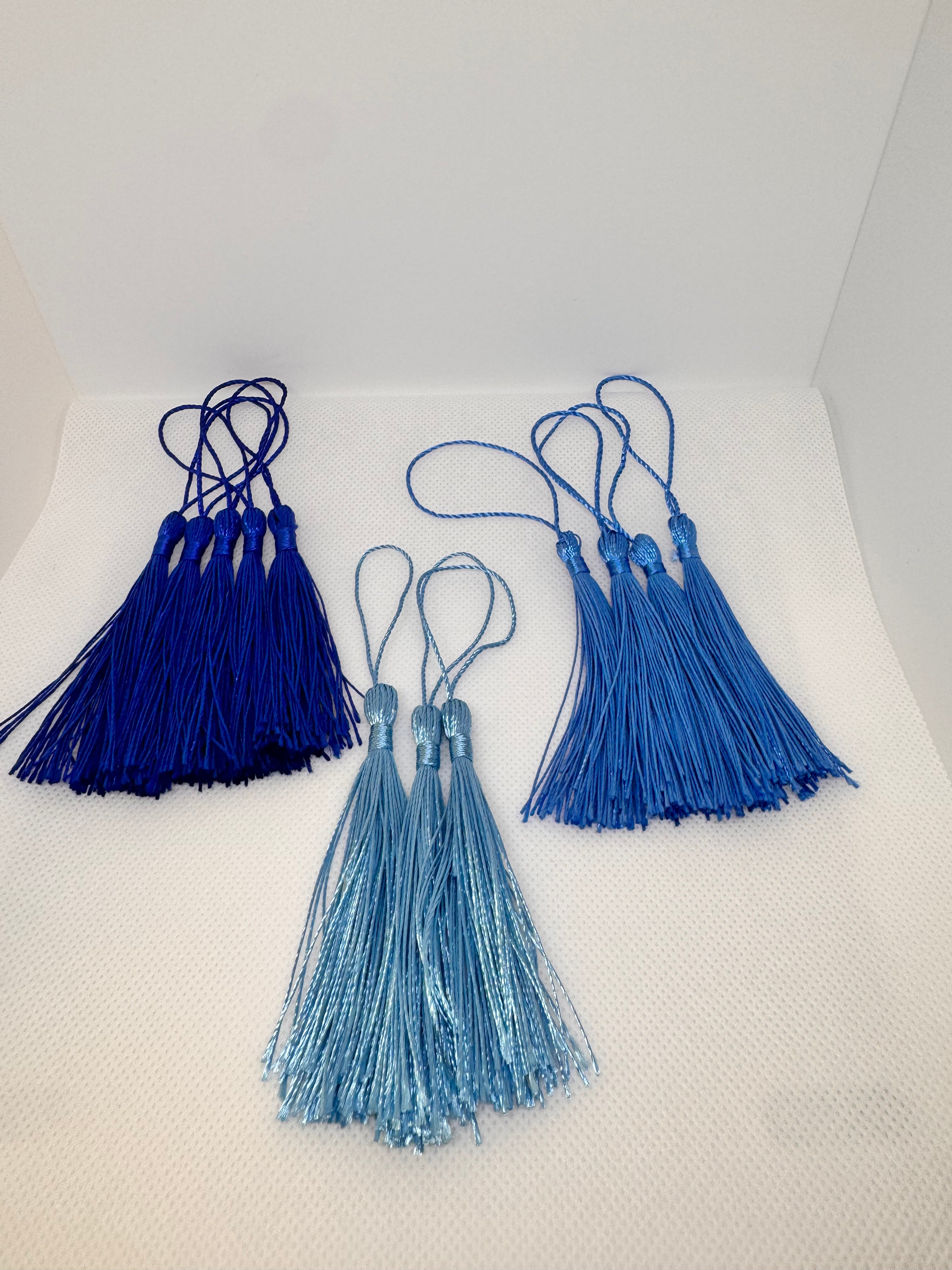 Tassels 12Pcs 5 Inch Silky Handmade Soft Craft Mini Tassels with Loops for Jewelry Making, DIY Projects, Bookmarks. 5 dark blue, 4 blue, 3 sky / light blue