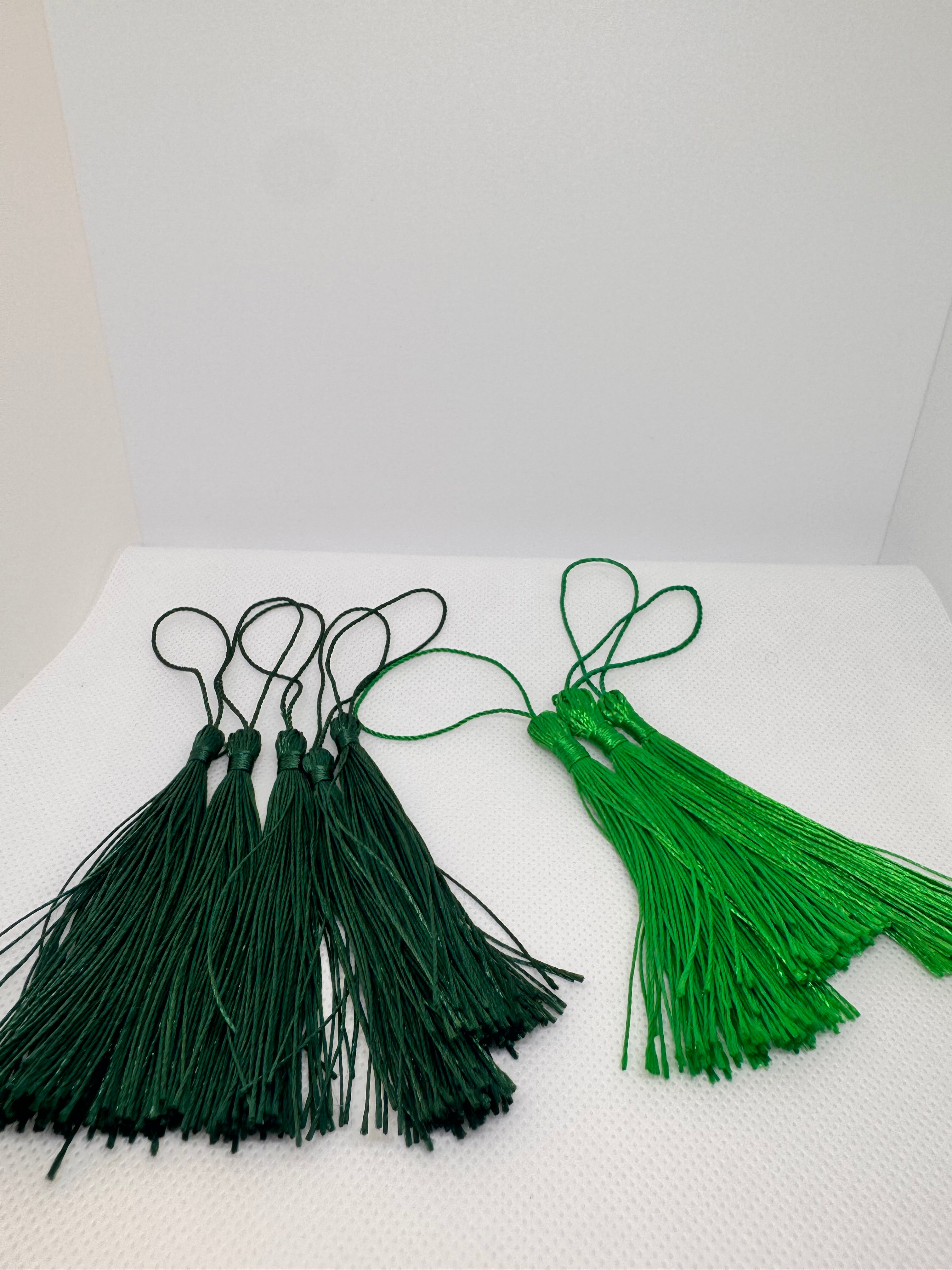 Tassels 8 Pcs 5 Inch Silky Handmade Soft Craft Mini Tassels with Loops for Jewelry Making, DIY Projects, Bookmarks and uses. 5 dark green 3 light green