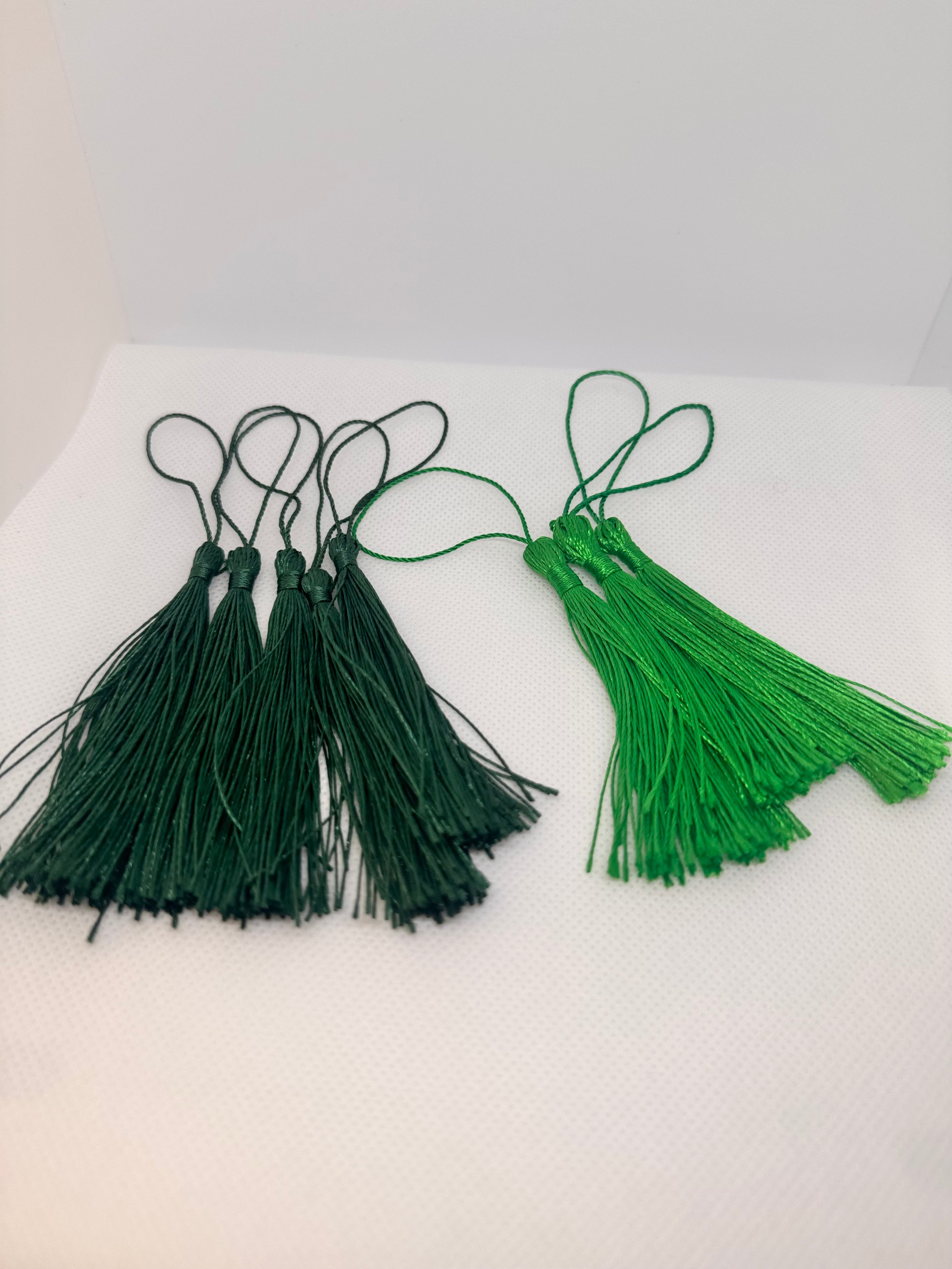 Tassels 8 Pcs 5 Inch Silky Handmade Soft Craft Mini Tassels with Loops for Jewelry Making, DIY Projects, Bookmarks and uses. 5 dark green 3 light green
